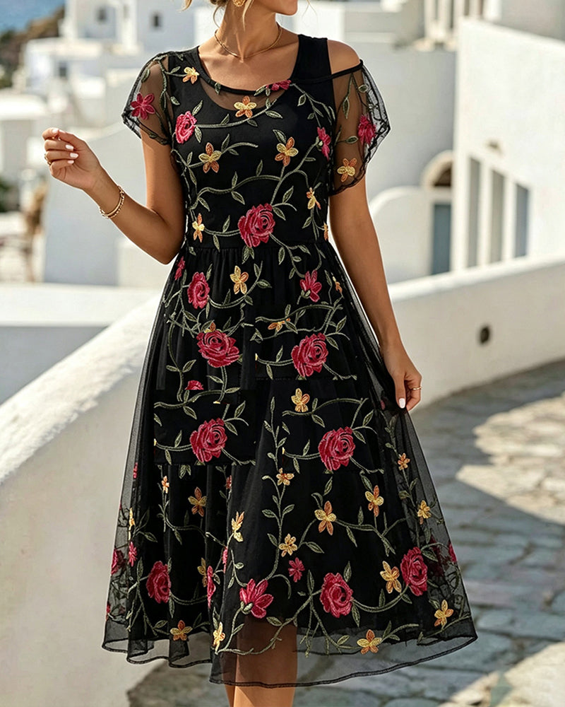 Robe Imprimé Floral Col Rond Sheer Ligne A