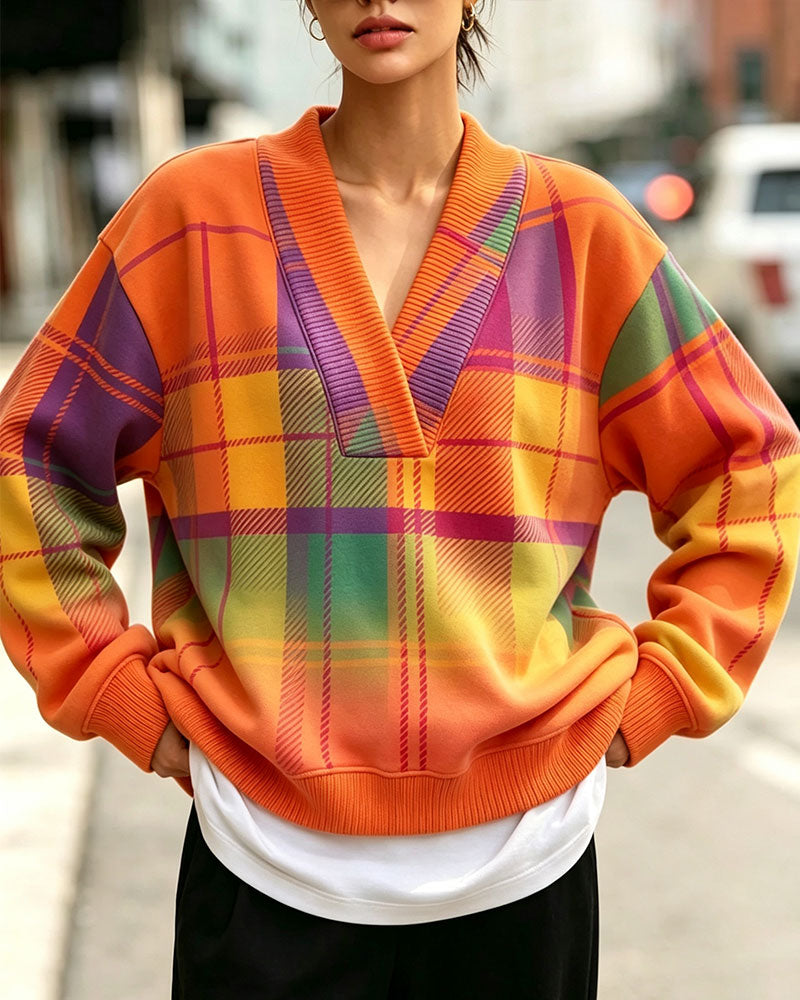 Sweatshirt Col V Carreau Décontracté