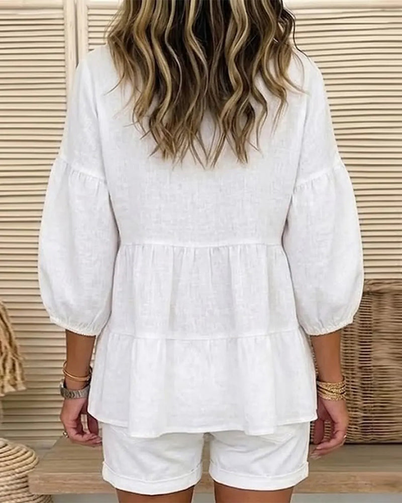 Blouse Col Rond Baby Doll Lanterne Manche Moyenne