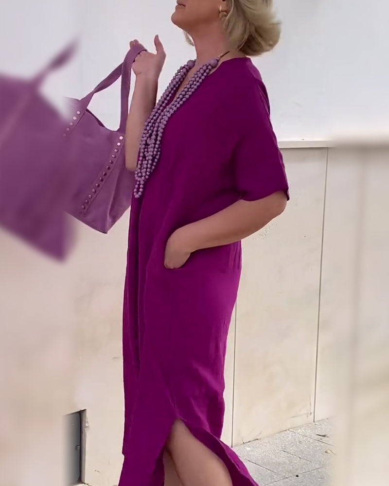 Robe Décolleté En V Couleur Unie Simple Longue