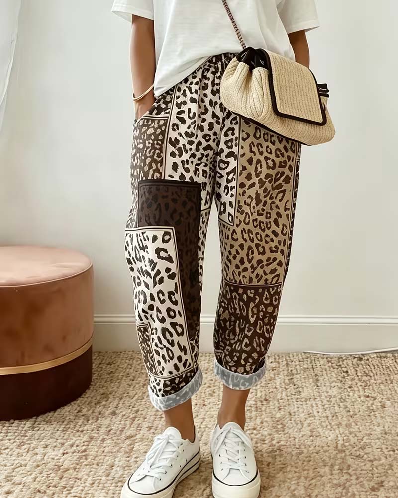 Pantalon Léopard Imprimé Carreau Contraste Patchwork Décontracté
