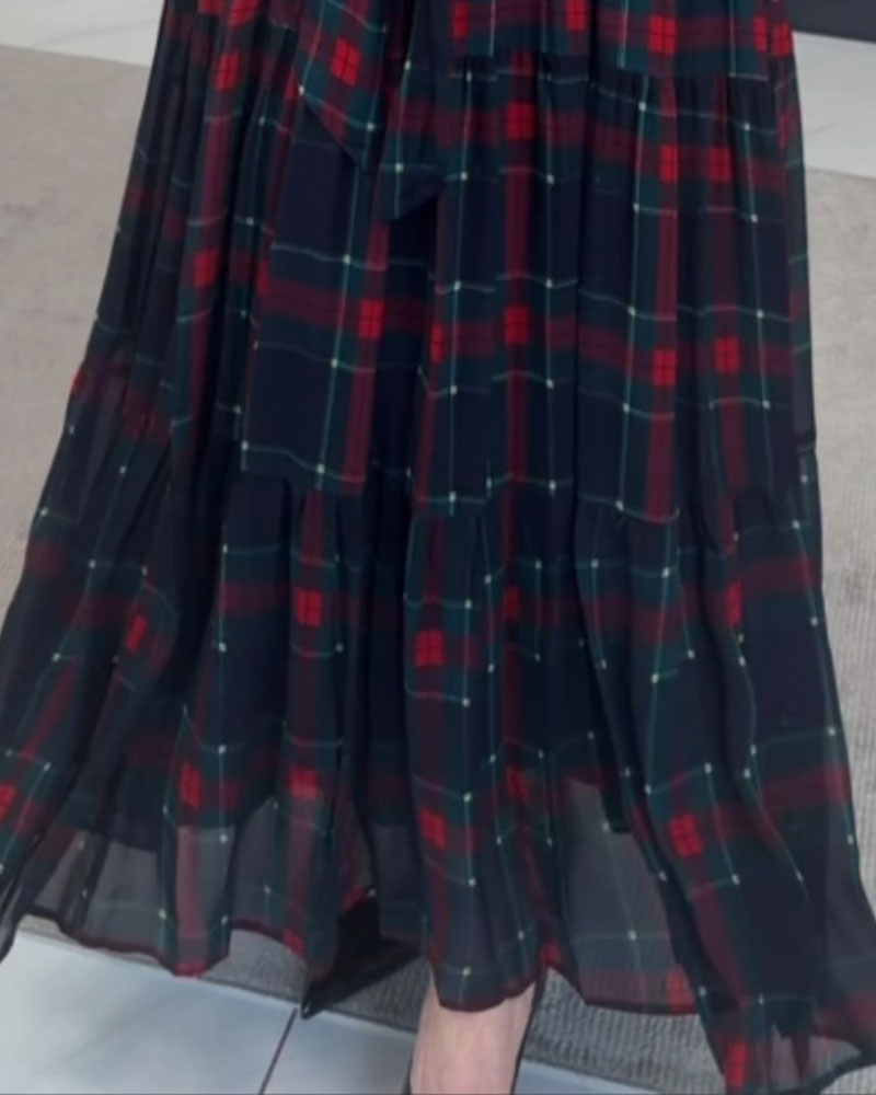 Robe Col V À Carreaux Manches Longues