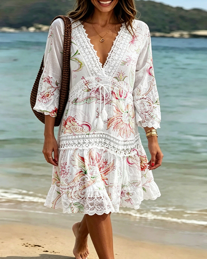 Robe Col V Dentelle Cravate Imprimé