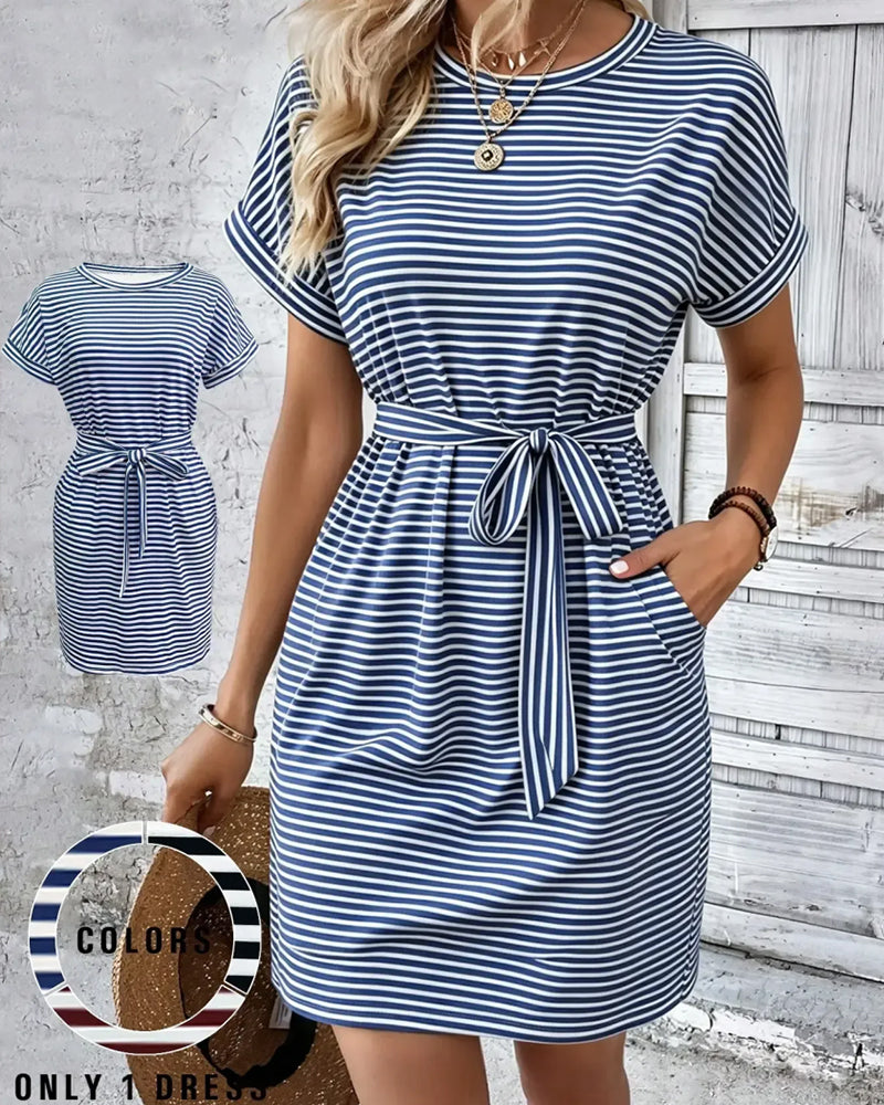 Robe Col Rond Rayure Cravate Taille