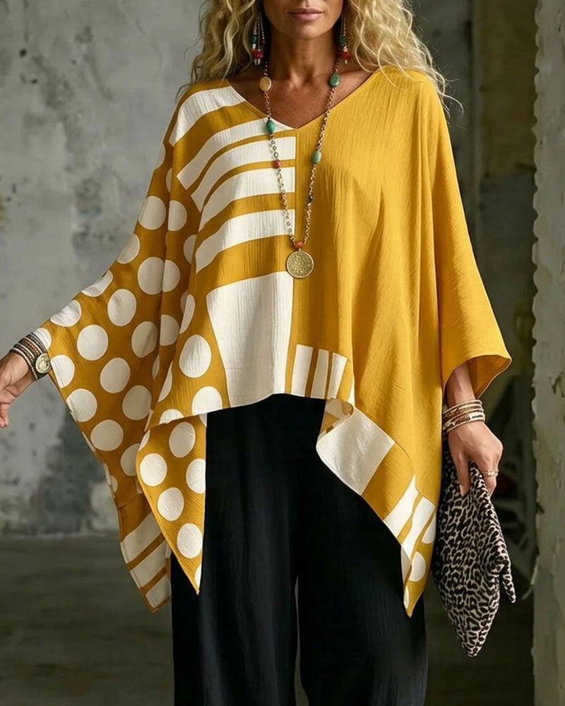 Blouse Polka Dot Rayure Patchwork V Encollure