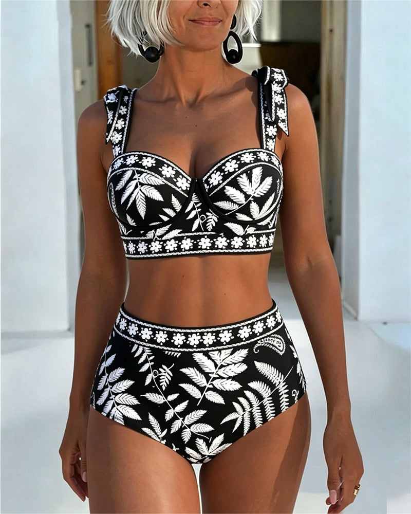 Bikini Imprimé Botanique Taille Haute