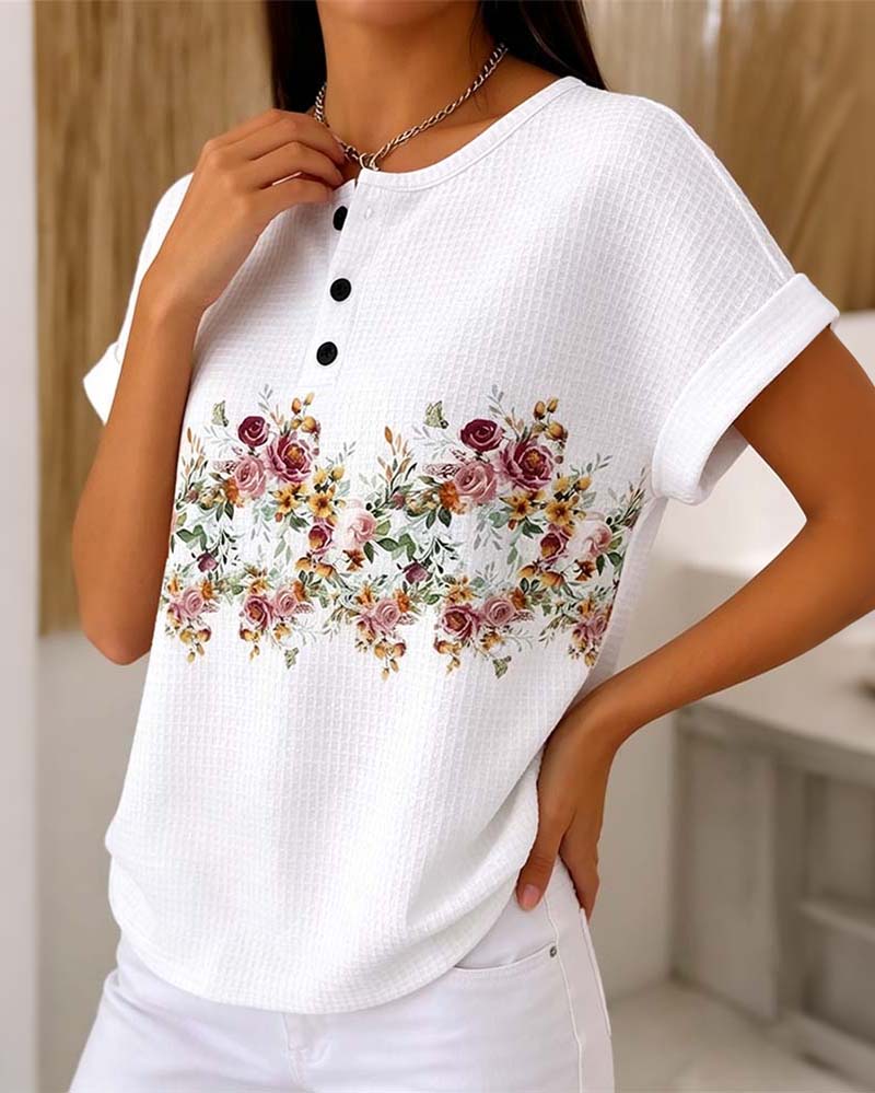 T-Shirt Col Rond Bouton Gaufre