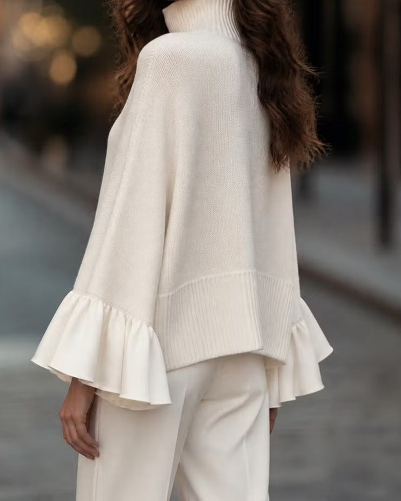 Pullover Col Roulé Patchwork Manche Volantée