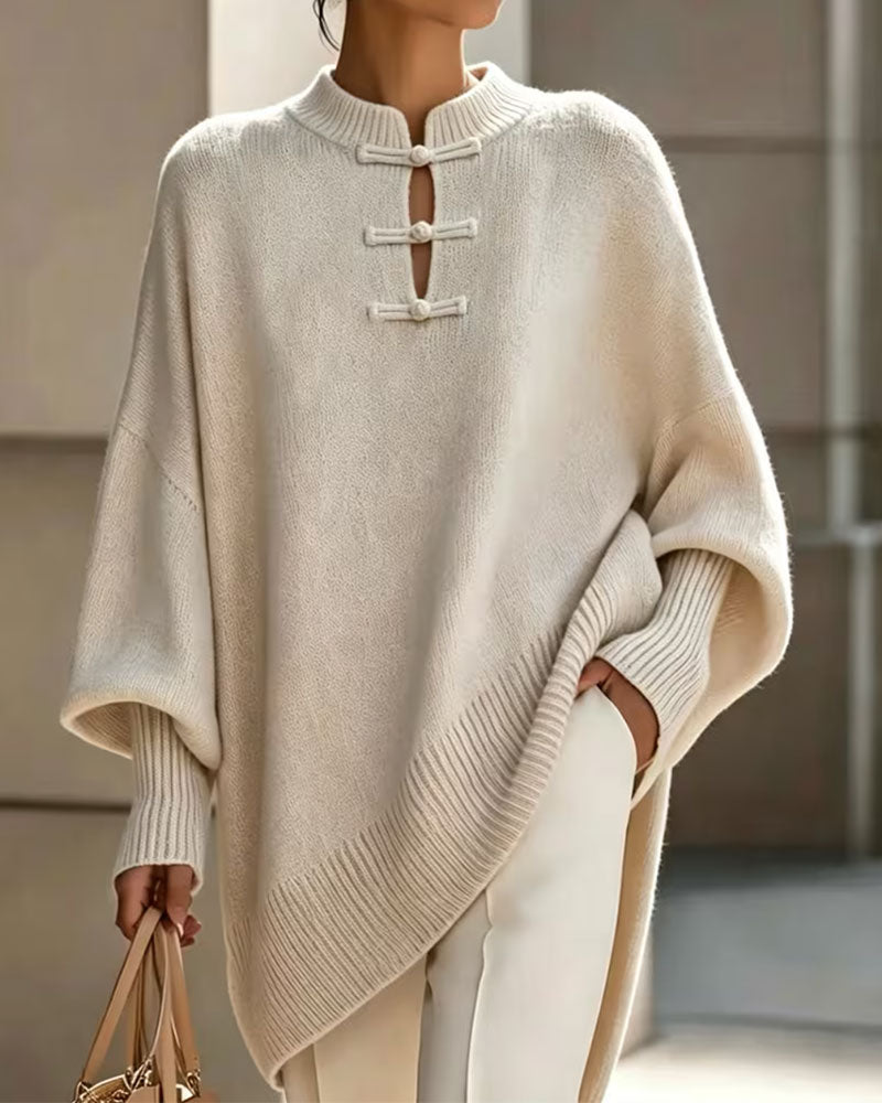 Pullover Col Mandarin Nœud Bouton Coupe Loose Cape