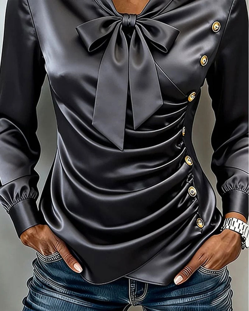 Blouse Col V Nœud Froncé Bouton