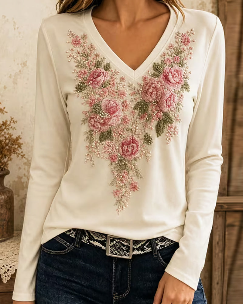 T-Shirt Manche Longue Col V Floral