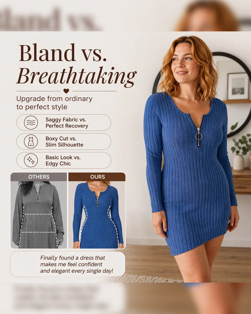 Robe Fermeture Éclair Côtes Manches Longues Bodycon