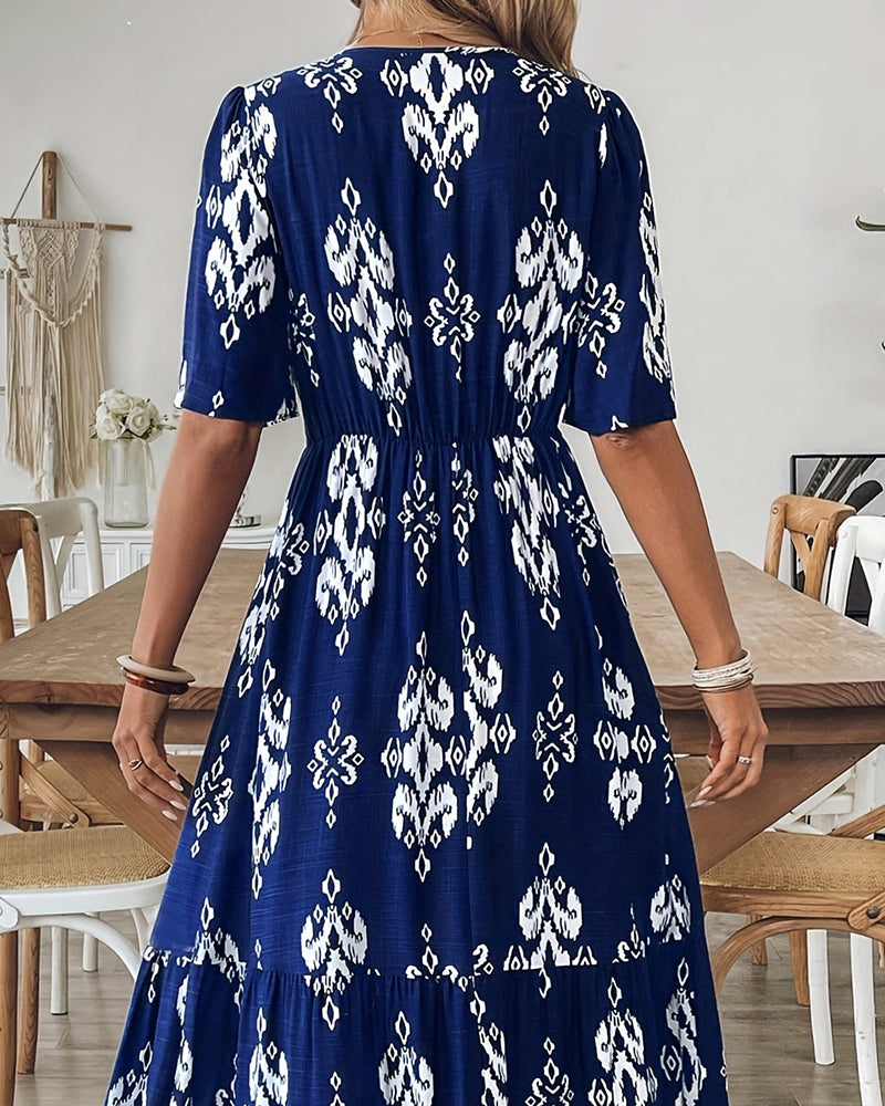 Robe Col En V Imprimé Jupe Ample Taille Haute