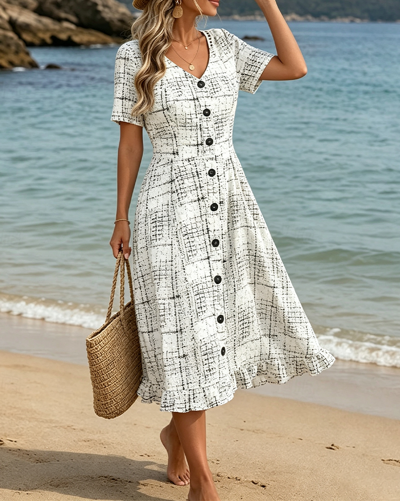 Robe Col V Carreau Bouton Volant