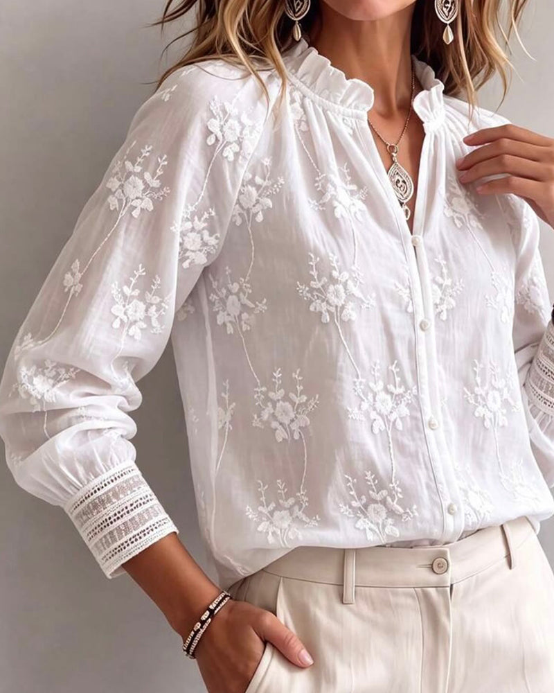 Blouse Bordure Volant Col Mandarin