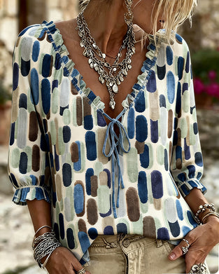 Blouse Bloc De Couleur Volant Attache Col V