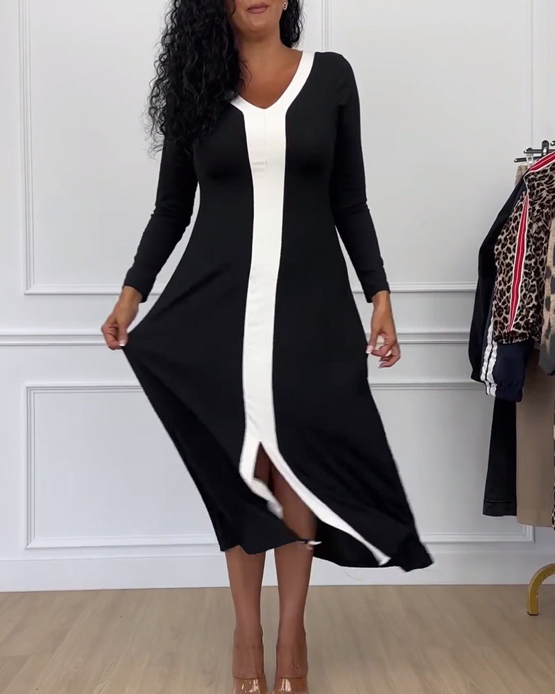 Robe élégante fendue à col en V de couleur contrastée