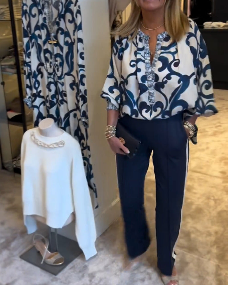 Blouse à manches lanternes à motif rétro