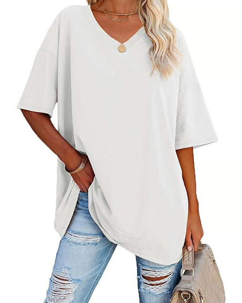 T-Shirt Col En V Lâche Décontracté Manches Courtes