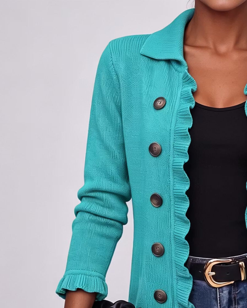 Cardigan Revers Volant Bouton