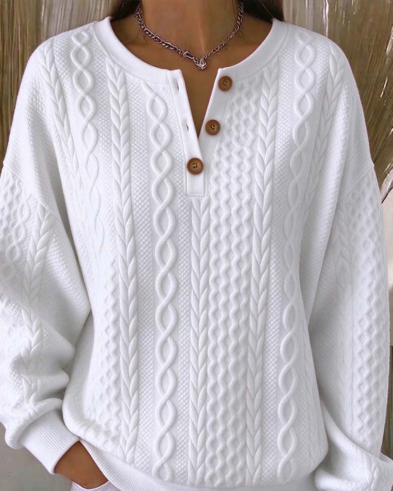 Sweat-Shirt Col V Boutonné Tresse Uni