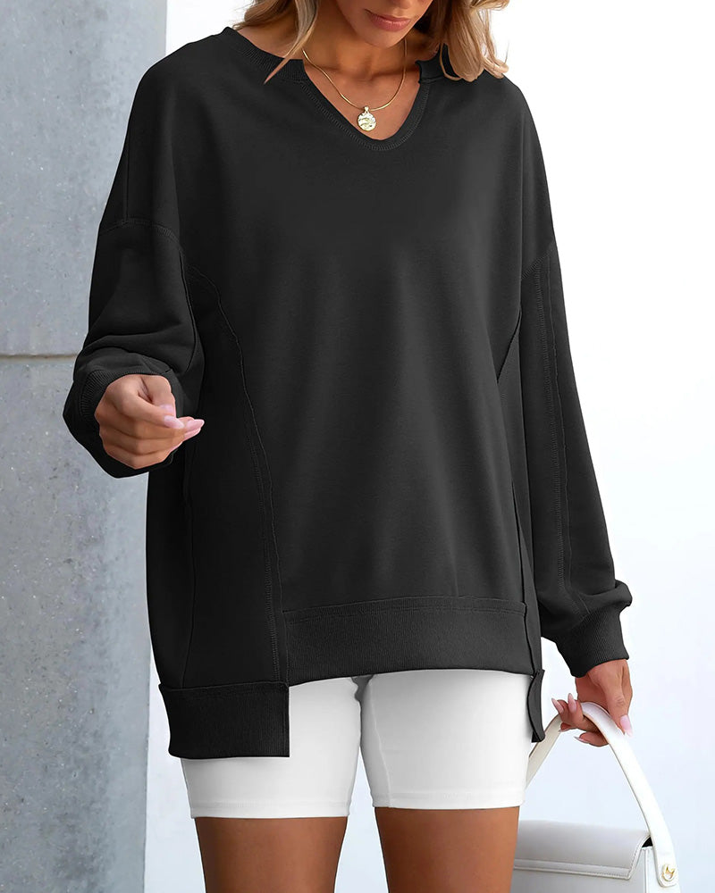 Sweat Petit Col V Ample Décontracté Manches Longue