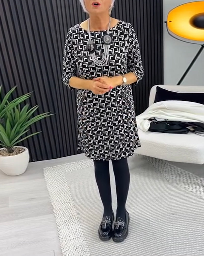 Robe à poches à col rond et imprimé géométrique rétro