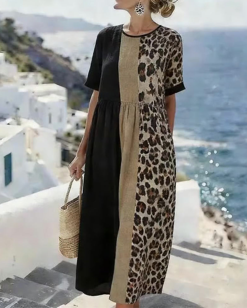 Robe Imprimé Léopard Patchwork Manches Courtes