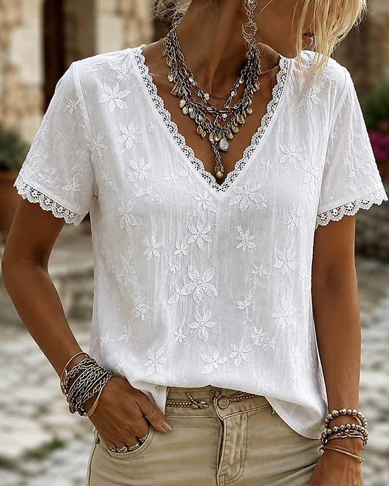 Blouse Col V Dentelle Manche Courte