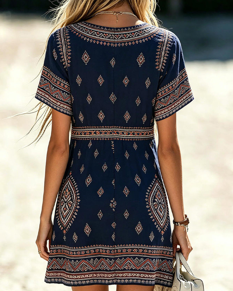 Robe Col V Manches Courtes Imprimé Géométrique