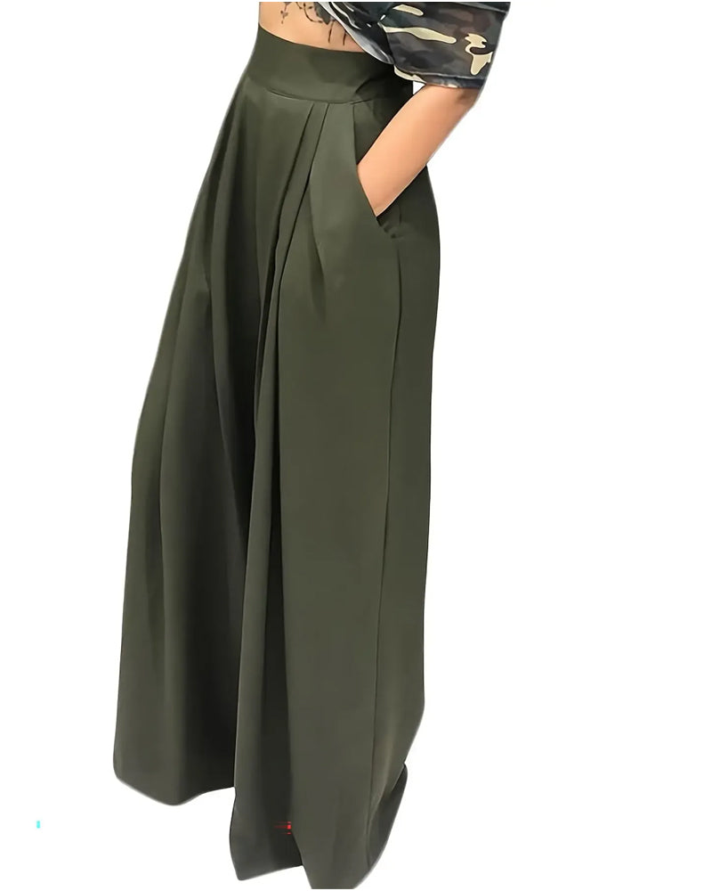 Pantalon Taille Haute Plissé Jambe Large