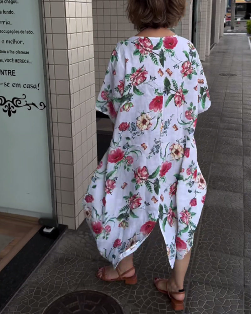 Robe à manches courtes à col rond et à motif floral