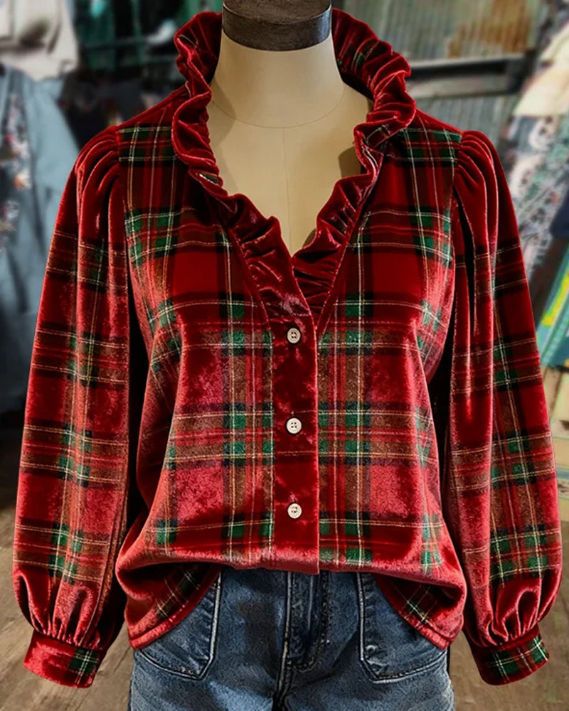 Top Avec Détails En Volants, Design à Col V Et Tissu En Velours