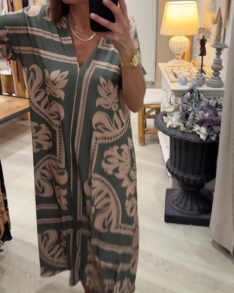 Robe Col En V Jupe Ample Manches Courtes