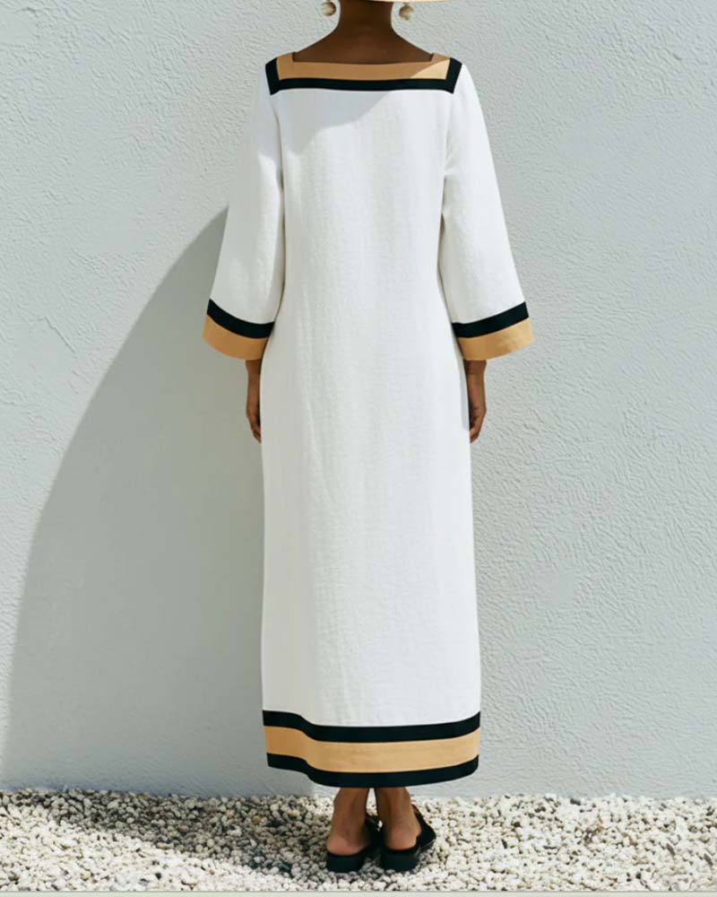 Robe Col Carré Bloc De Couleur Ample Longue