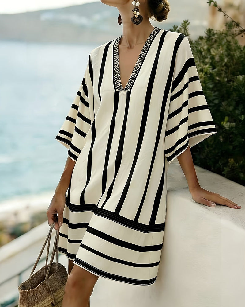 Robe Bloc Couleur Noir Rayure Verticale Col V