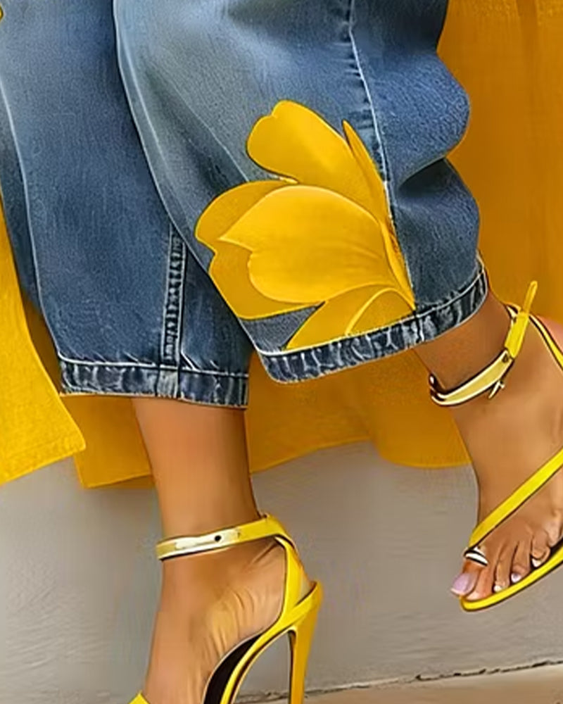 Jeans À Imprimé Floral Court Jambe Large