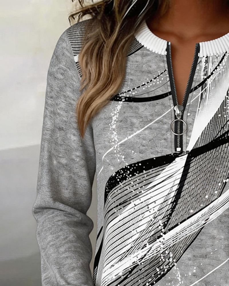 Sweatshirt Col Rond Fermeture Éclair Ligne Manches Longues
