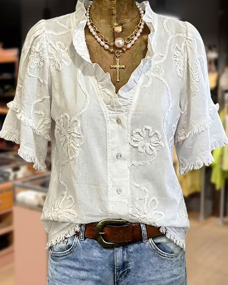 Blouse Ourlet Frangé Manches Bouffantes