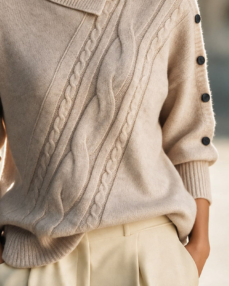 Pull Diagonal Tresse Col Roulé Boutonné