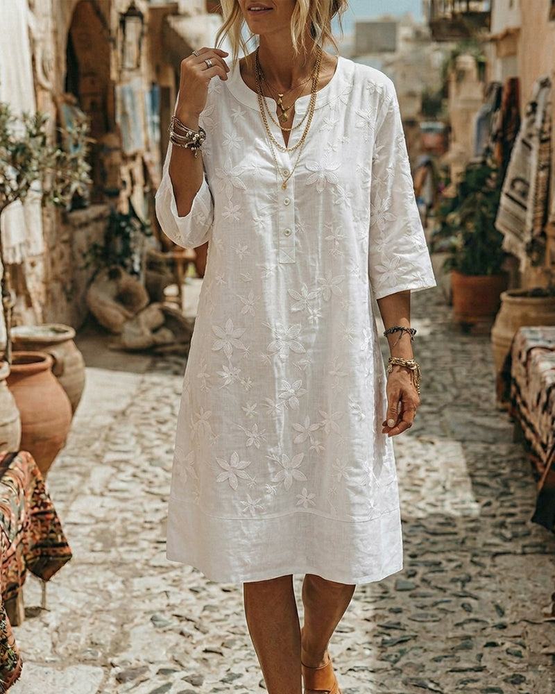 Robes Col Rond Bouton Broderie Ample