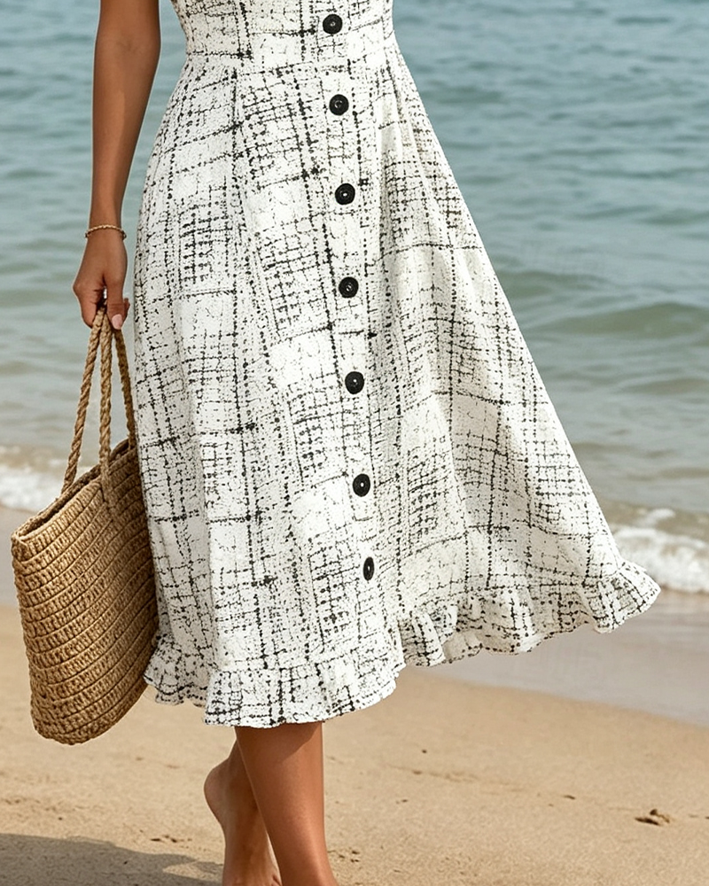 Robe Col V Carreau Bouton Volant