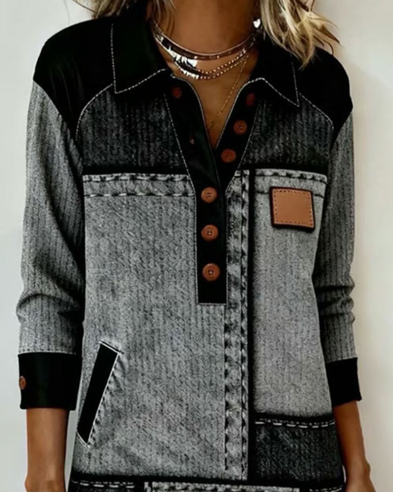 Robe Bouton Revers Col V Bloc de Couleur Tendance