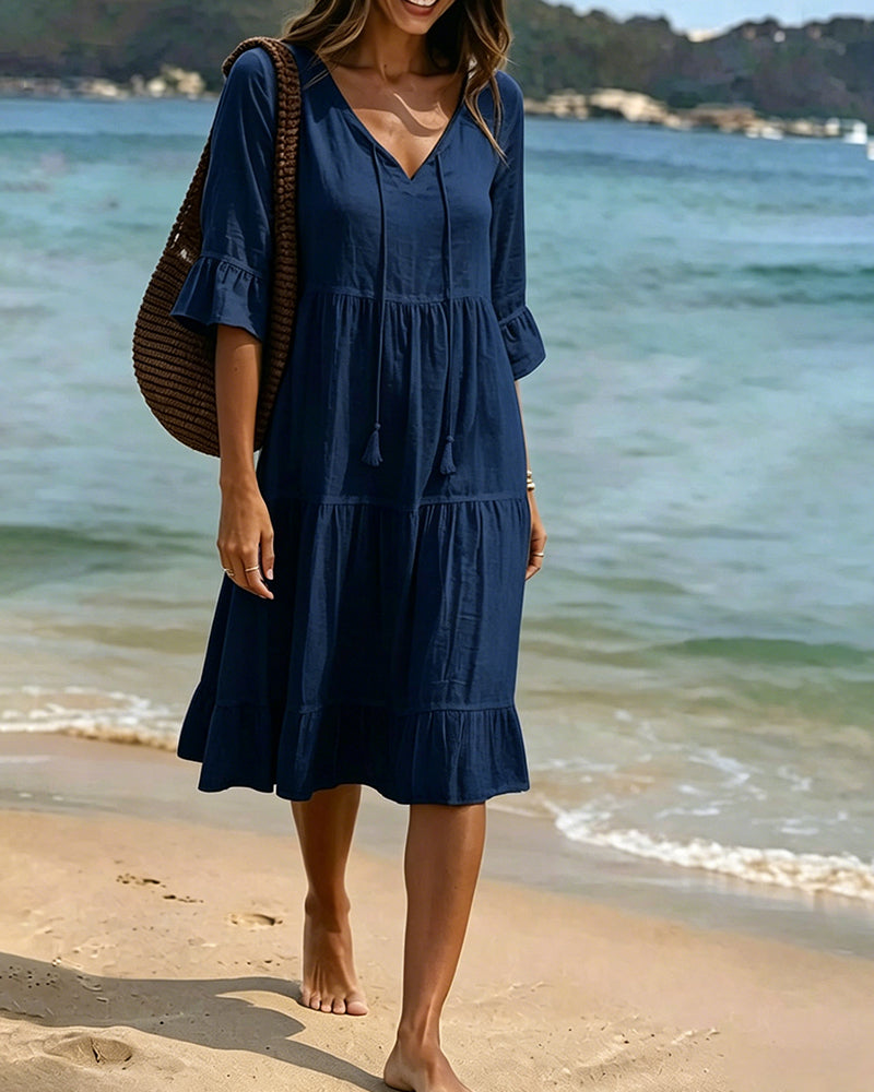 Robe Évasée Demi-Manche Nœud À La Taille