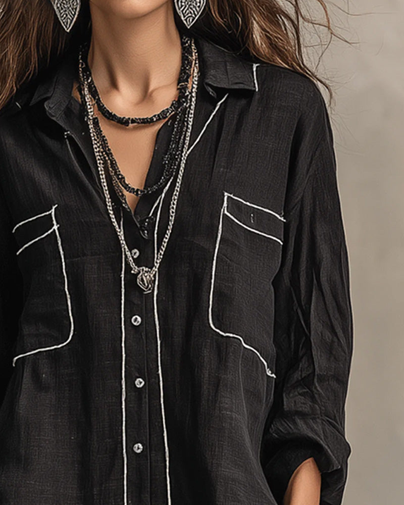 Chemise Col En V Contraste Ligne Décontractée