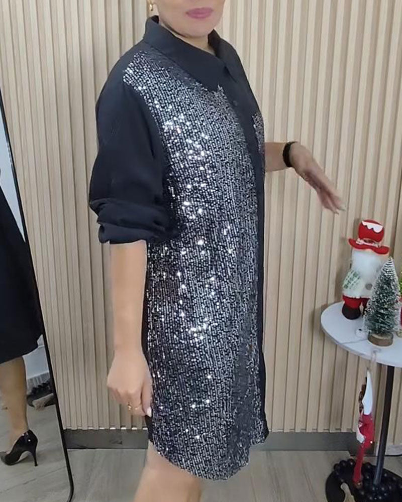 Robe Paillettes Revers Chemise