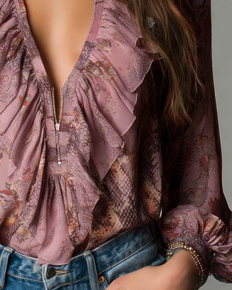 Blouse Profond V Volant Imprimé Élégant