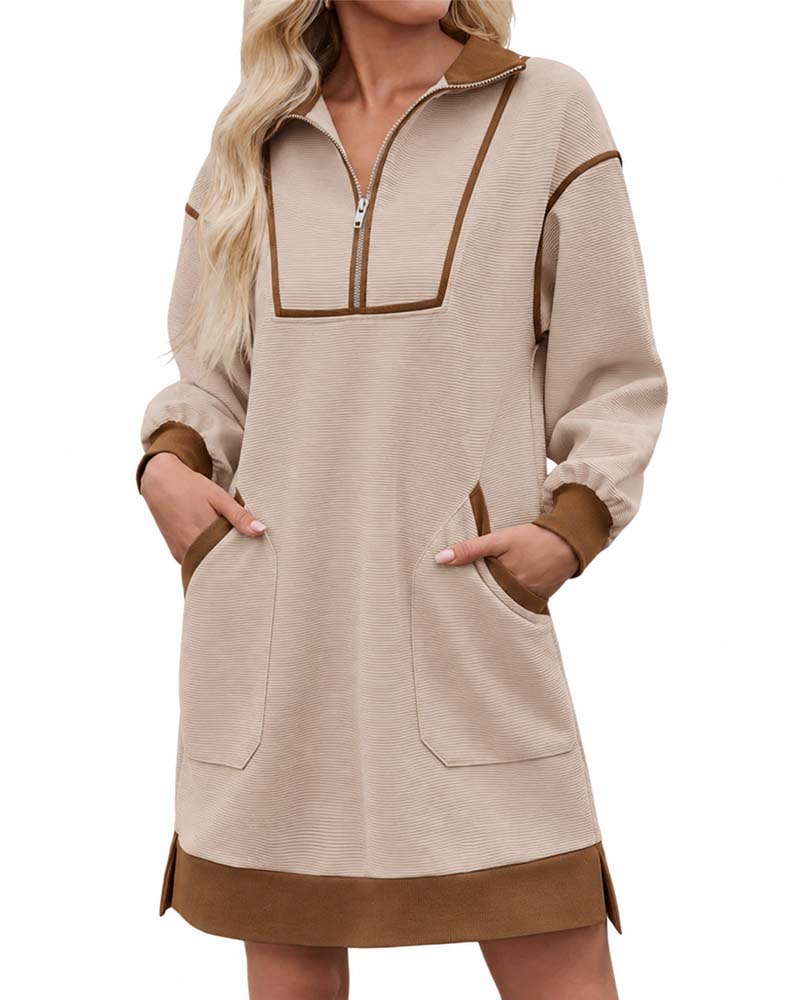Robe Demi Zip Manches Longues Blocs De Couleurs Courte