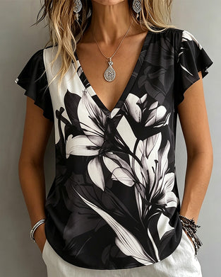 Blouse Imprimé Lys Col V Volantée