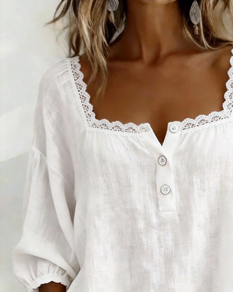 Blouse À Col Carré En Dentelle Manches Bouffantes